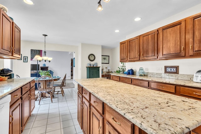 930 Ripple Brook Ln, Elgin, IL 60120 - kitchen featuring white dishwasher, light tile patterned floors, light stone counters, pendant lighting, and recessed lighting