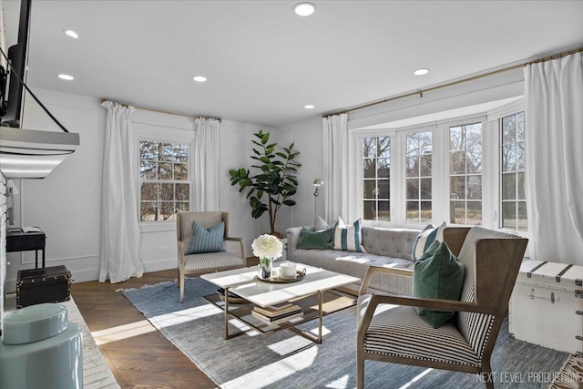 living area featuring wood finished floors and recessed lighting
