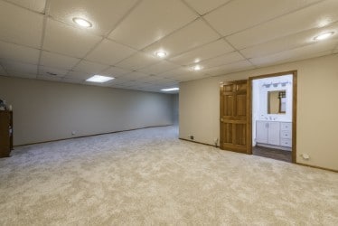 finished below grade area featuring carpet floors and a drop ceiling