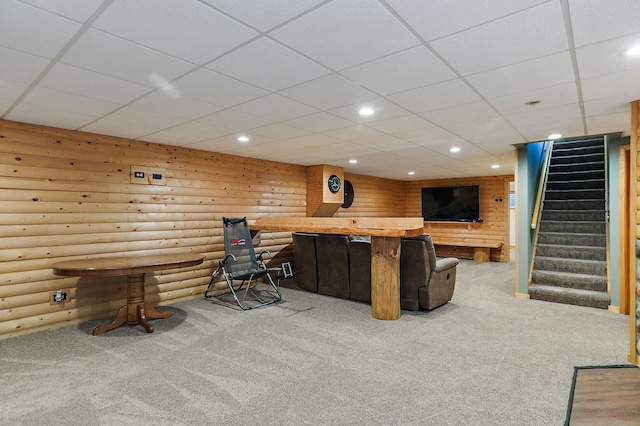 1536 N Elm St, Palatine, IL 60067 - bar featuring carpet, rustic walls, stairs, recessed lighting, and a paneled ceiling