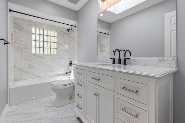 50 Kendal Rd, Elk Grove Village, IL 60007 - bathroom featuring toilet, marble look tiles, vanity, shower / washtub combination, and a skylight