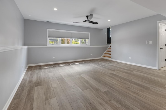 50 Kendal Rd, Elk Grove Village, IL 60007 - empty room featuring a ceiling fan, wood finished floors, stairway, baseboards, and recessed lighting