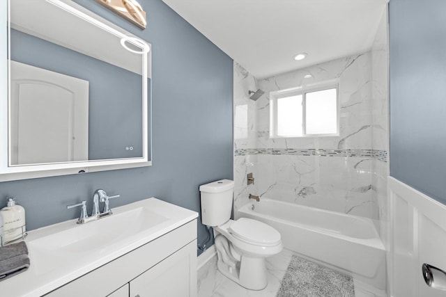 bathroom featuring toilet, marble look tiles, vanity, tub / shower combination, and recessed lighting