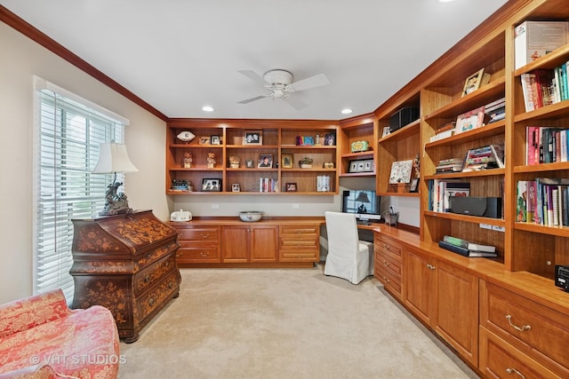 11 Longmeadow Rd, Winnetka, IL 60093 - office featuring built in study area, ceiling fan, ornamental molding, light colored carpet, and recessed lighting