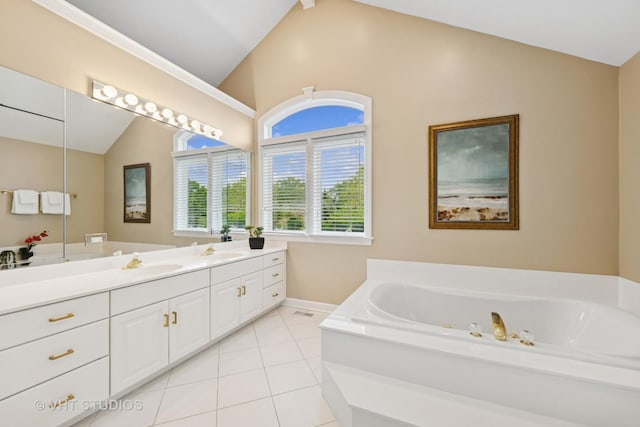 11 Longmeadow Rd, Winnetka, IL 60093 - bathroom with vaulted ceiling, a bath, vanity, tile patterned floors, and baseboards