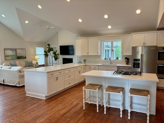 11 Longmeadow Rd, Winnetka, IL 60093 - kitchen with a sink, open floor plan, lofted ceiling, white cabinets, and ceiling fan