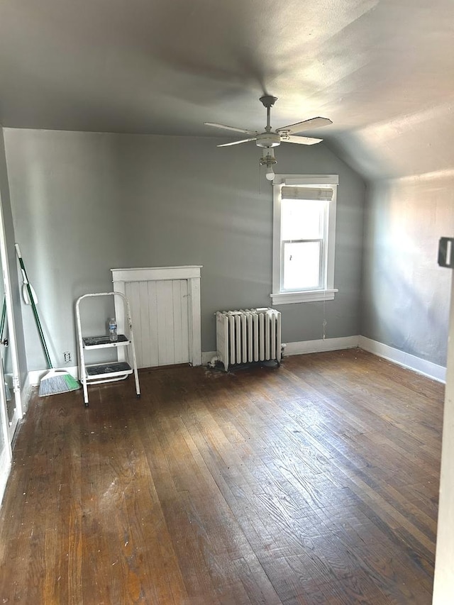 1258 Perry St, Des Plaines, IL 60016 - additional living space featuring radiator, hardwood / wood-style floors, lofted ceiling, and a ceiling fan