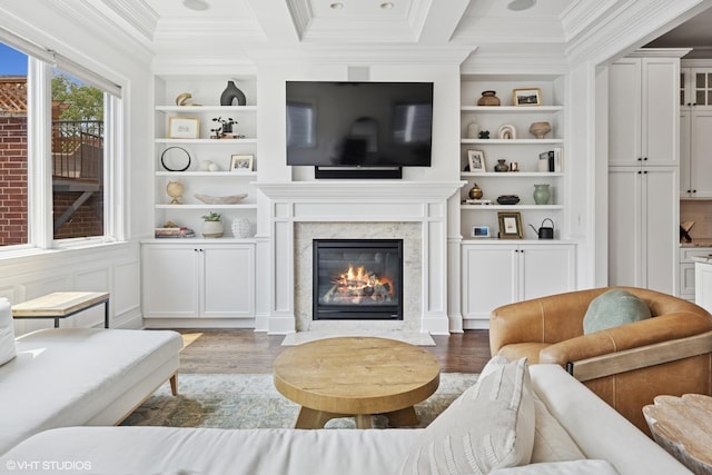 1931 W Barry Ave, Chicago, IL 60657 - living room featuring wood finished floors, crown molding, built in features, a fireplace, and beamed ceiling