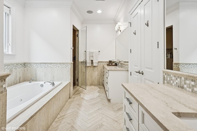 1931 W Barry Ave, Chicago, IL 60657 - full bath with two vanities, a tub with jets, wainscoting, ornamental molding, and a stall shower