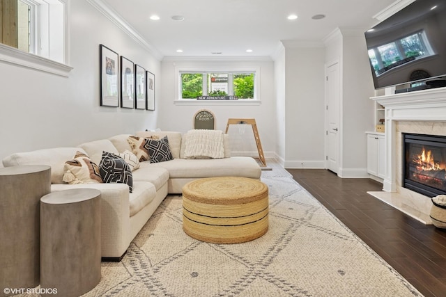 1931 W Barry Ave, Chicago, IL 60657 - living area featuring dark wood-type flooring, ornamental molding, a premium fireplace, recessed lighting, and baseboards