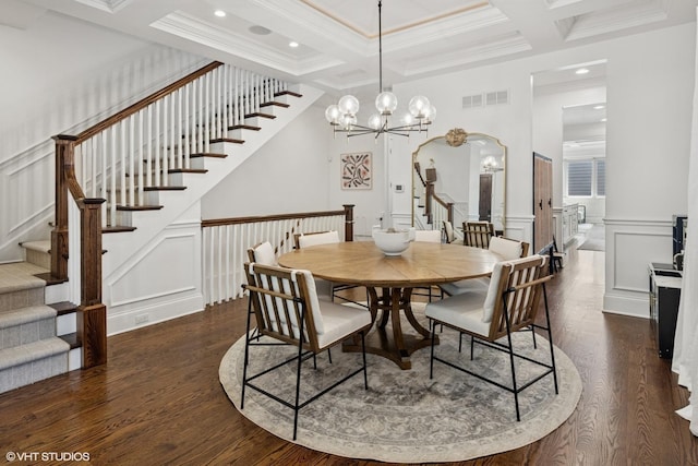 1931 W Barry Ave, Chicago, IL 60657 - dining room featuring a decorative wall, stairs, coffered ceiling, dark wood-style floors, and a chandelier
