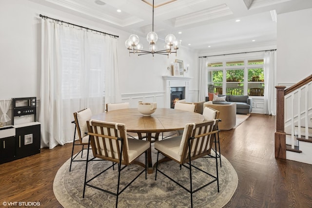 1931 W Barry Ave, Chicago, IL 60657 - dining area featuring stairs, coffered ceiling, ornamental molding, beamed ceiling, and dark wood-type flooring