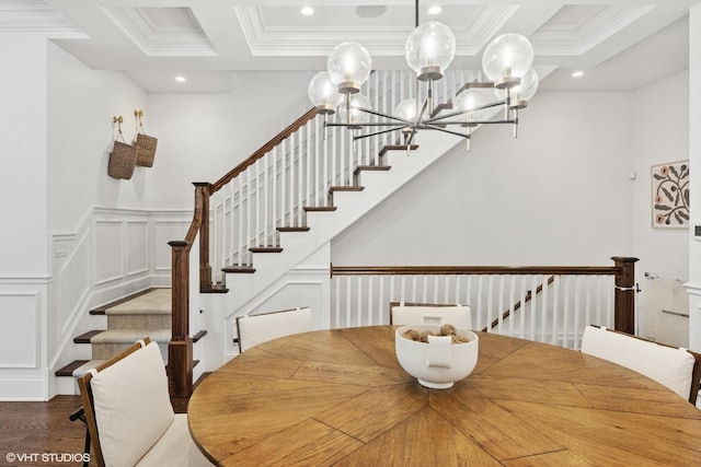 1931 W Barry Ave, Chicago, IL 60657 - dining space featuring a decorative wall, a chandelier, coffered ceiling, a wainscoted wall, and recessed lighting