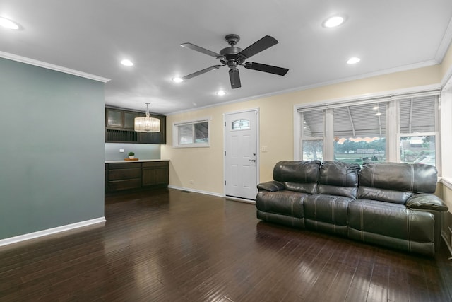 2317 Forest Ave, North Riverside, IL 60546 - living room with crown molding, ceiling fan, baseboards, a chandelier, and dark wood-style floors