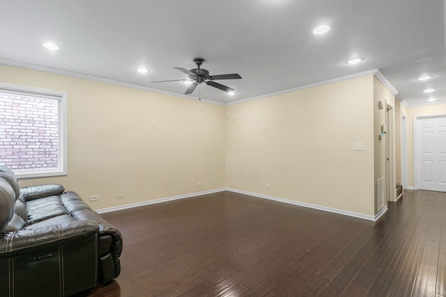 2317 Forest Ave, North Riverside, IL 60546 - unfurnished living room with ceiling fan, ornamental molding, baseboards, dark wood finished floors, and recessed lighting