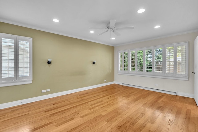 6801 N Lexington Ln, Niles, IL 60714 - unfurnished room with baseboard heating, a ceiling fan, ornamental molding, baseboards, and wood finished floors