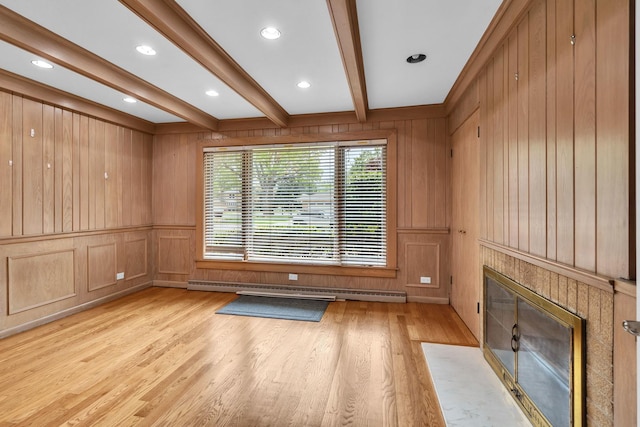 6801 N Lexington Ln, Niles, IL 60714 - unfurnished living room with a baseboard radiator, light wood finished floors, a fireplace with flush hearth, beam ceiling, and a decorative wall