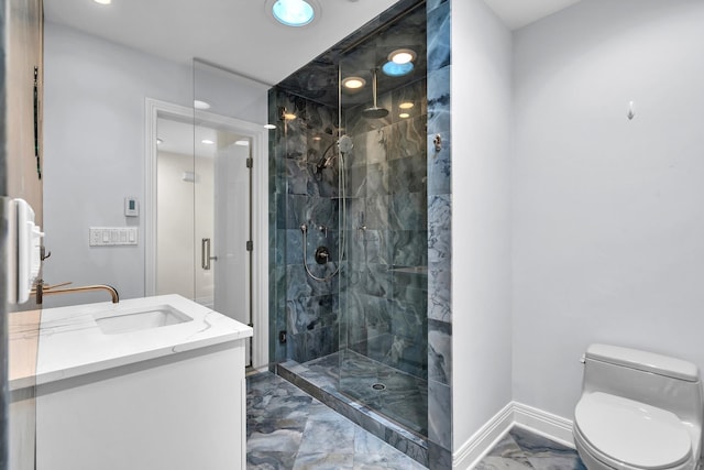 6801 N Lexington Ln, Niles, IL 60714 - bathroom with marble look tiles, a stall shower, recessed lighting, toilet, and vanity