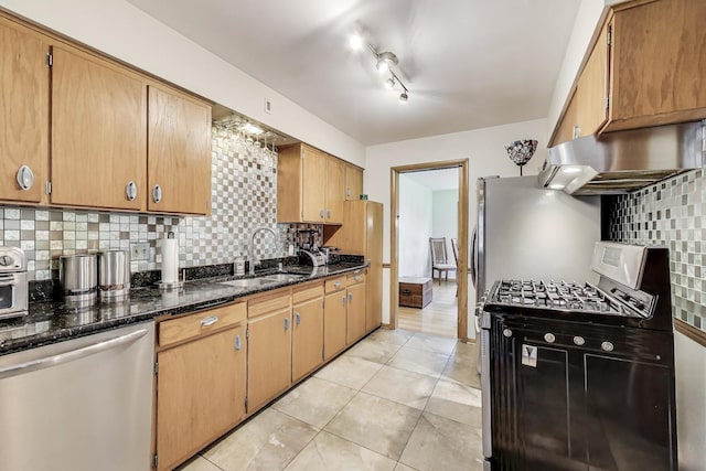 929 N Delphia Ave, Park Ridge, IL 60068 - kitchen with appliances with stainless steel finishes, under cabinet range hood, a sink, backsplash, and dark stone counters