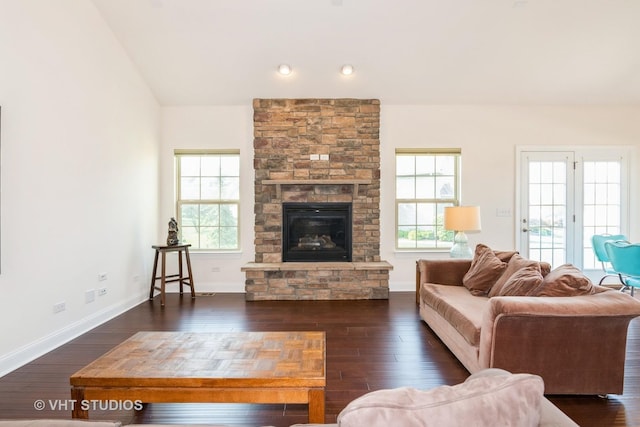 3815 Ridge Pointe Dr, Geneva, IL 60134 - living area featuring dark wood finished floors, a stone fireplace, lofted ceiling, and recessed lighting