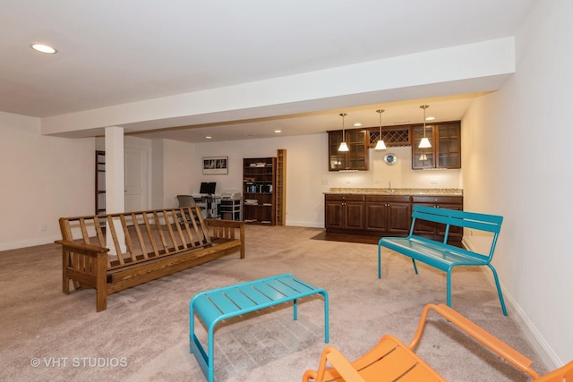 3815 Ridge Pointe Dr, Geneva, IL 60134 - living room with light colored carpet, recessed lighting, bar with sink, and a desk