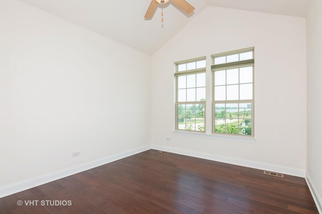 3815 Ridge Pointe Dr, Geneva, IL 60134 - empty room featuring a ceiling fan, high vaulted ceiling, and dark wood finished floors