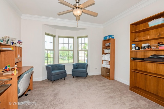 3815 Ridge Pointe Dr, Geneva, IL 60134 - sitting room featuring a ceiling fan, ornamental molding, a desk, and light colored carpet