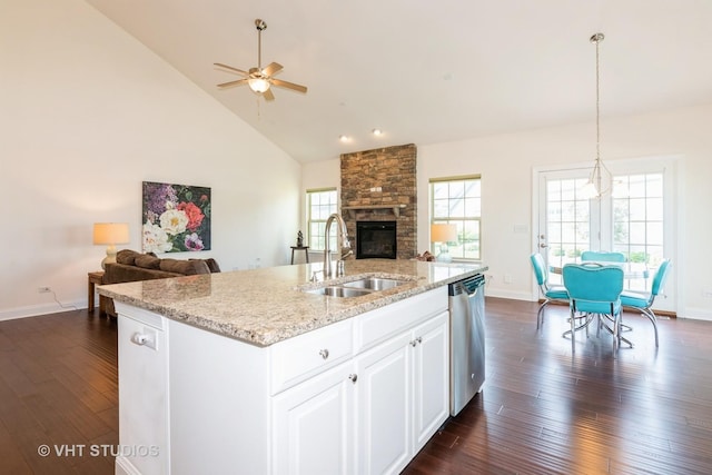 3815 Ridge Pointe Dr, Geneva, IL 60134 - kitchen with open floor plan, stainless steel dishwasher, dark wood-style floors, a ceiling fan, and high vaulted ceiling