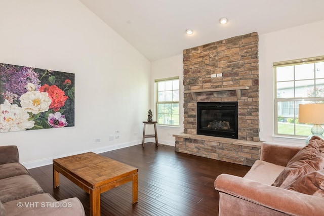 3815 Ridge Pointe Dr, Geneva, IL 60134 - living area featuring plenty of natural light, dark wood-type flooring, a fireplace, high vaulted ceiling, and recessed lighting