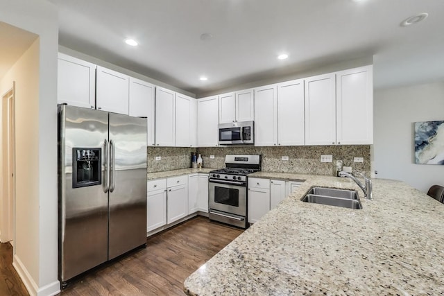 2303 W Chicago Ave Unit 2, Chicago, IL 60622 - kitchen featuring appliances with stainless steel finishes, a sink, dark wood-style floors, light stone counters, and a peninsula