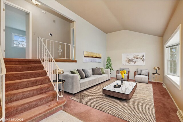 1092 Aberdeen Ln, Mundelein, IL 60060 - carpeted living room with healthy amount of natural light, lofted ceiling, stairs, and baseboards