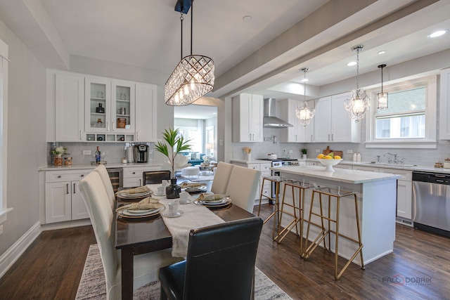 842 Mapleton Ave, Oak Park, IL 60302 - dining room featuring a chandelier, dark wood finished floors, recessed lighting, wine cooler, and baseboards