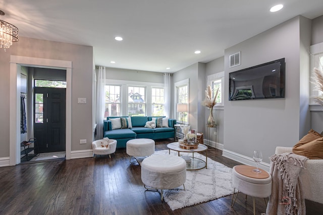 842 Mapleton Ave, Oak Park, IL 60302 - living room featuring wood-type flooring, baseboards, recessed lighting, and a chandelier