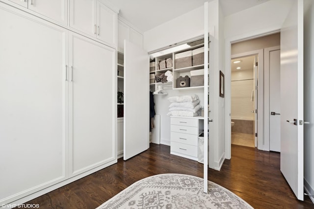 bedroom with dark wood-style floors and a closet