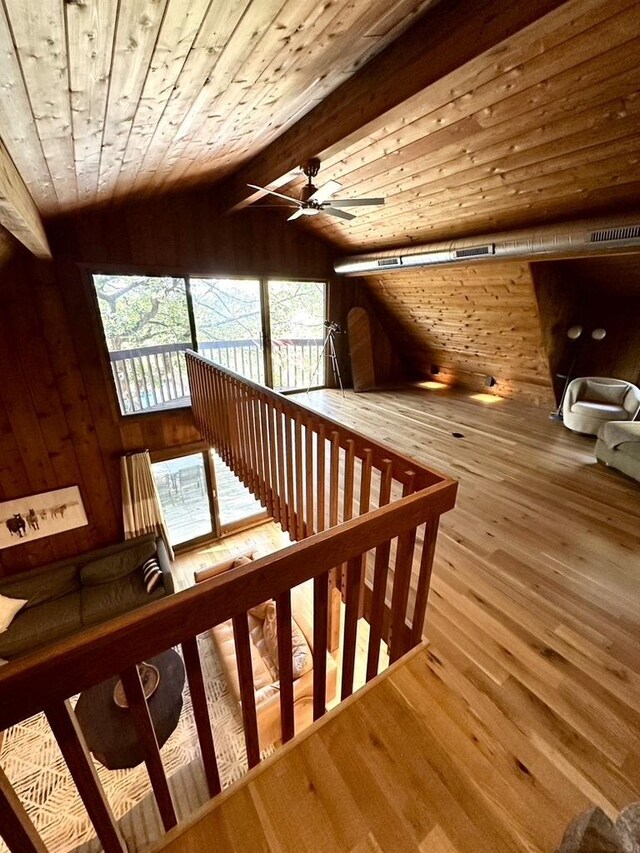 10081 Haas Rd, Rockton, IL 61072 - stairway with wooden walls, wooden ceiling, hardwood / wood-style floors, and a ceiling fan