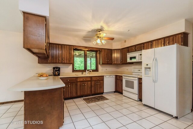 38695 N Shagbark Ln, Wadsworth, IL 60083 - kitchen featuring white appliances, a peninsula, light countertops, ceiling fan, and a sink