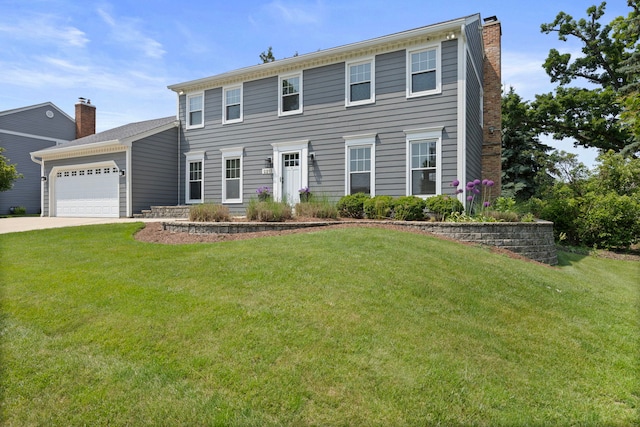 2215 Barger Ct, Wheaton, IL 60189 - colonial house featuring an attached garage, a chimney, a front yard, and driveway