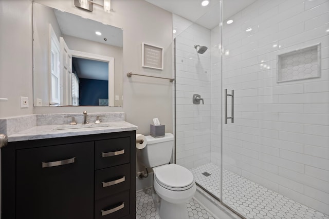 2215 Barger Ct, Wheaton, IL 60189 - full bath featuring a shower stall, vanity, tile patterned flooring, and recessed lighting