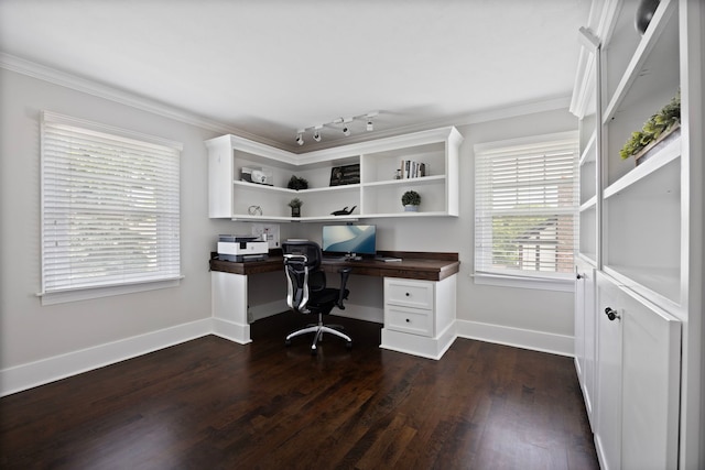 2215 Barger Ct, Wheaton, IL 60189 - office with built in desk, crown molding, dark wood-style floors, and track lighting