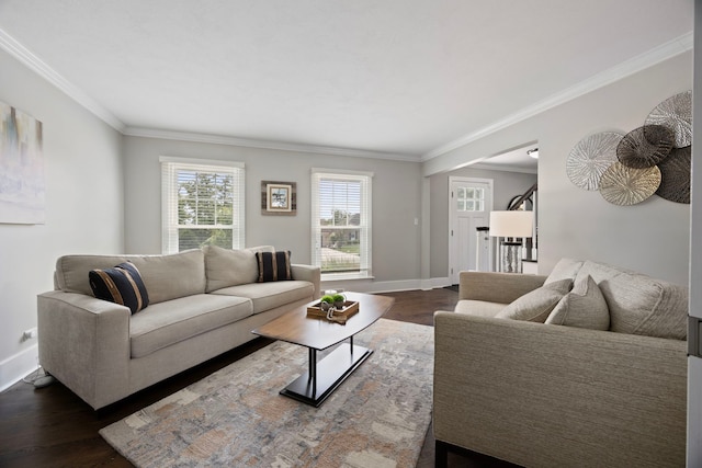 2215 Barger Ct, Wheaton, IL 60189 - living room featuring dark wood-style floors and ornamental molding