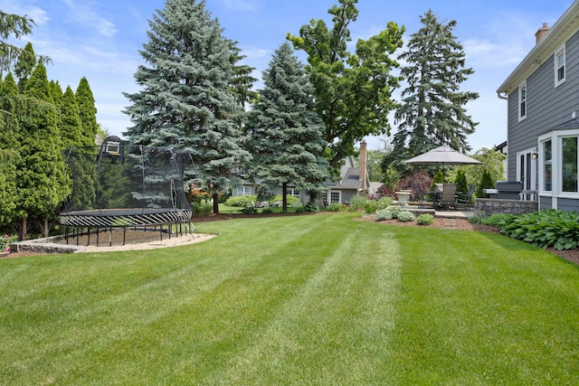 2215 Barger Ct, Wheaton, IL 60189 - view of grassy yard featuring a trampoline and a patio area