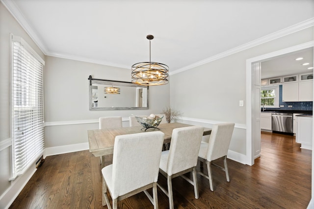 2215 Barger Ct, Wheaton, IL 60189 - dining area with a chandelier, dark wood finished floors, and crown molding