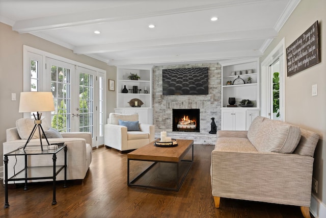 2215 Barger Ct, Wheaton, IL 60189 - living area with beam ceiling, dark wood-style floors, a brick fireplace, ornamental molding, and french doors