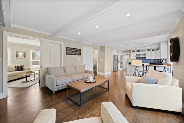 2215 Barger Ct, Wheaton, IL 60189 - living area with beam ceiling, recessed lighting, dark wood-type flooring, and ornamental molding
