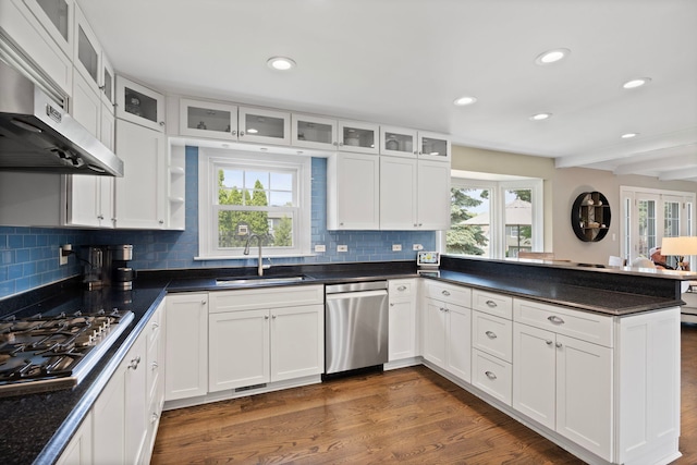 2215 Barger Ct, Wheaton, IL 60189 - kitchen with stainless steel appliances, under cabinet range hood, a peninsula, healthy amount of natural light, and beamed ceiling