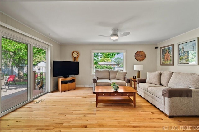 1731 Garfield Ave, Aurora, IL 60506 - living room featuring light wood-type flooring, a ceiling fan, and baseboards