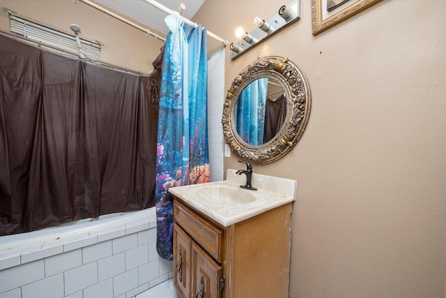 bathroom with vanity and shower / bathtub combination with curtain