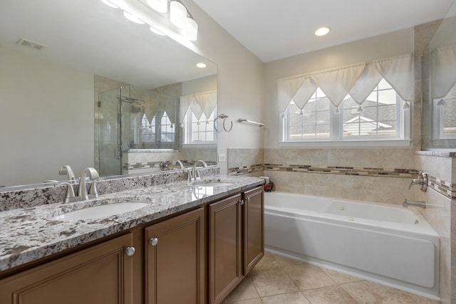 119 Allerton Dr, Schaumburg, IL 60194 - full bath featuring tile patterned floors, a shower stall, a bath, and double vanity