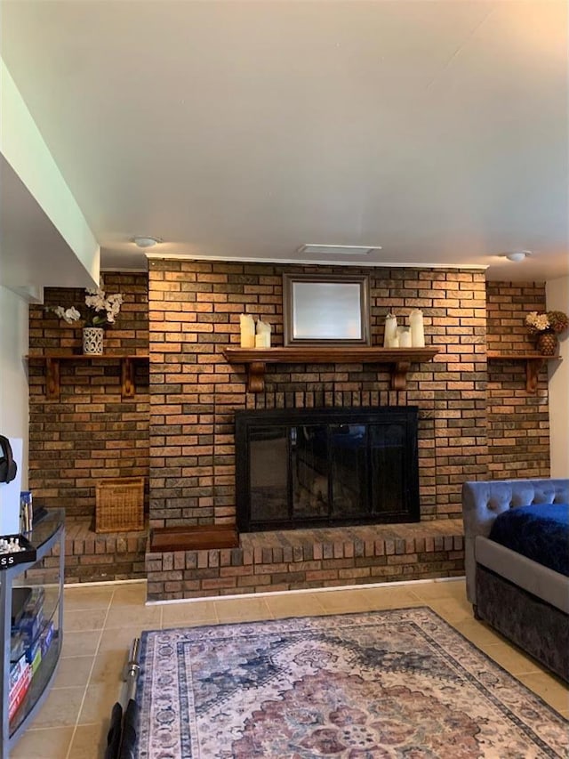 8632 New England Ave, Burbank, IL 60459 - living room with a brick fireplace and tile patterned floors