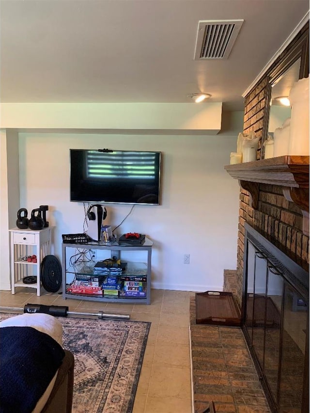 8632 New England Ave, Burbank, IL 60459 - living room featuring tile patterned floors, baseboards, and a brick fireplace
